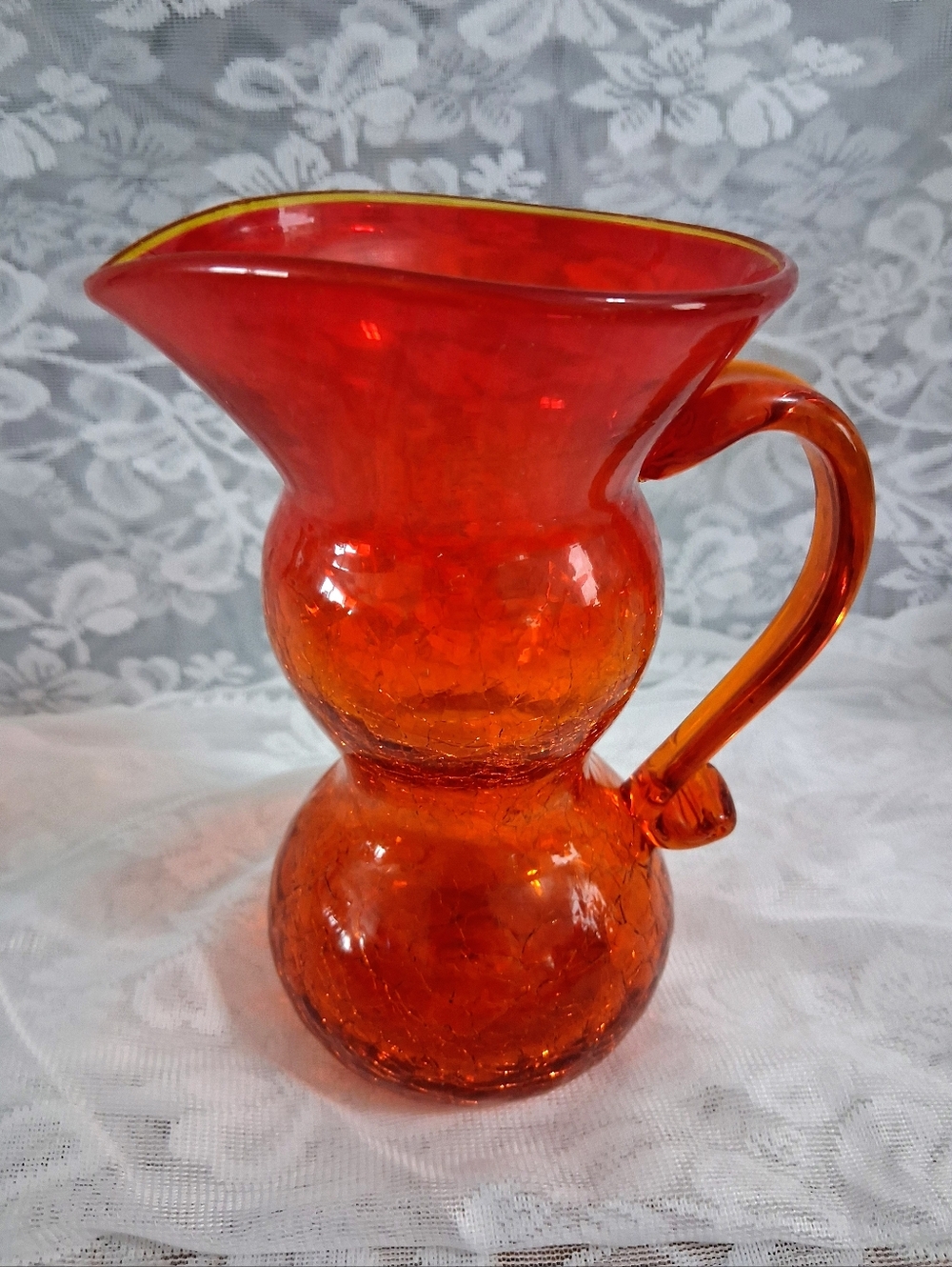 Vintage Rainbow Amberina Crackle Glass Pitcher Creamer Double Bulb Handle